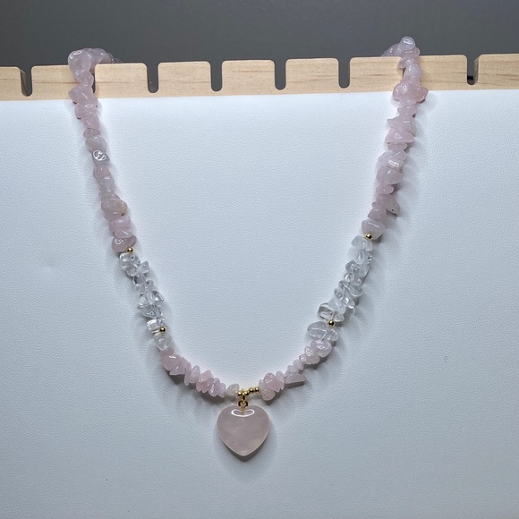 Jewelry - Rose Quartz Heart Pendant Beaded Necklace - Pink